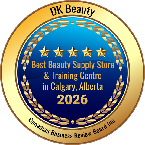 Award badge for DK Beauty, Best Beauty Supply Store & Training Centre in Calgary, Alberta 2026, with gold and blue design.