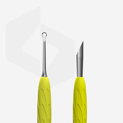 Manicure pusher Gummy with yellow silicone handle UNIQ 11 TYPE 2 (beveled and loop pusher)