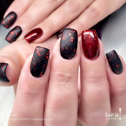 en Vogue Lac It! Cassiopeia chunky red glitters in a deep red jelly base UV/LED gel nail polish for professional nails and extensions on square manicure