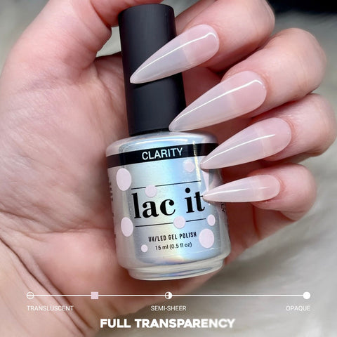 en Vogue Lac it! clarity UV/LED transluscent nude pink jelly polish for professional nails and extensions shown on stiletto nails and polish bottle