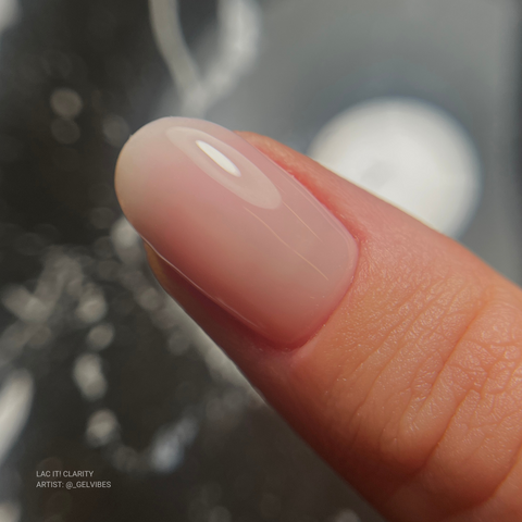 en Vogue Lac it! clarity UV/LED transluscent nude pink jelly polish for professional nails and extensions shown on oval nails