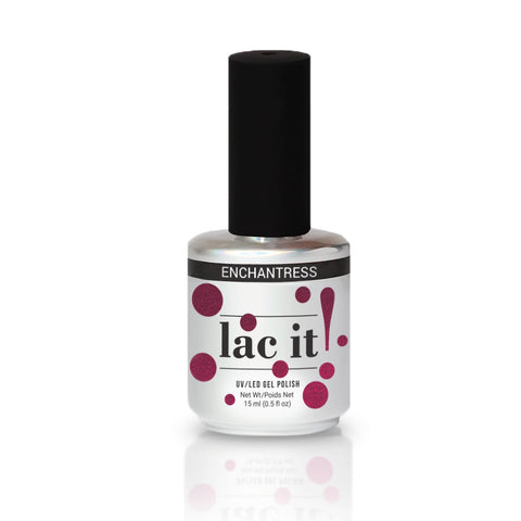 en Vogue Lac it! Enchantress, a sultry plum-red pearl UV/LED gel polish for professional nails and extensions shown in bottle