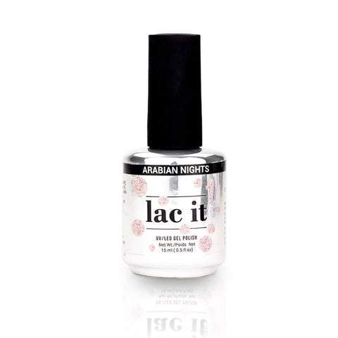 en Vogue Lac It! Arabian Nights holographic microglitters in a baby pink jelly base UV/LED gel nail polish bottle
