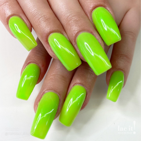 en Vogue Lac It! Margaritaville neon lime green UV/LED gel nail polish for professional nails and extensions on square manicure