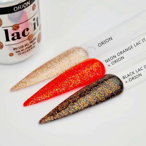 en Vogue Lac It! Orion jelly orange base with fine orange and holographic microglitters UV/LED gel nail polish for professional nails and extensions on extra long nail stick swatches