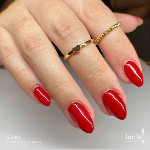 en Vogue Lac It! Roxanne true red crème with cool/blue undertones UV/LED gel nail polish for professional nails and extensions on almond shaped manicure