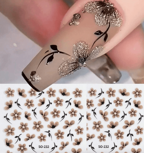 Black & Gold Glitter Flower Decals - DK BEAUTY