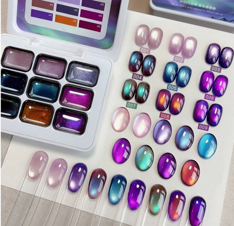 Nine-colour magnetic cat-eye gel palette with pink, purple, blue, teal and amber nail swatches