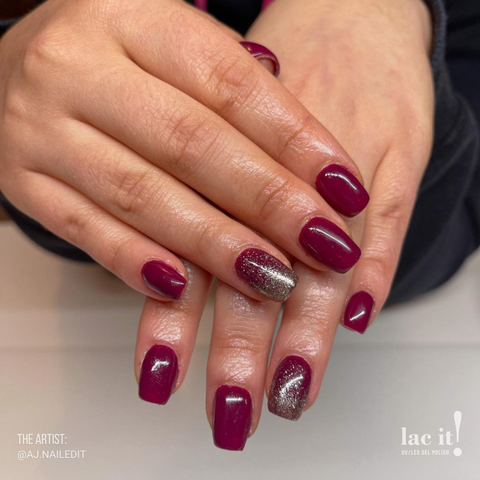 en Vogue Lac It! Tempranillo Time deep cherry plum crème UV/LED gel nail polish for professional nails and extensions on manicured nails
