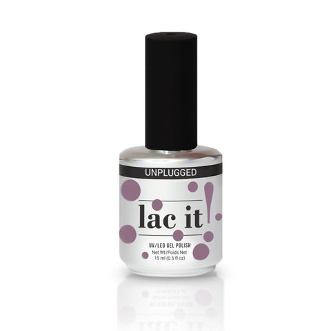 en Vogue Lac it! unplugged soft pastel mauve-lilac crème UV/LED gel polish for professional nails and extensions shown in bottle