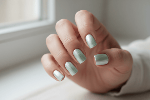 Light minty silvery green foil glitter gel nails - Akzentz Gel Play Glitz Green Peridot
