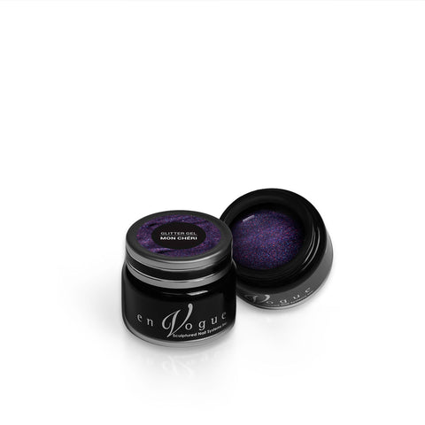 en Vogue mon-cheri purple, blue and magenta microglitter gel polish for professional nails and extensions shown in container