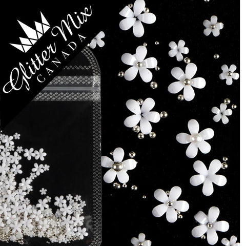 Glitter Mix 3D Flowers White Silver - DK BEAUTY