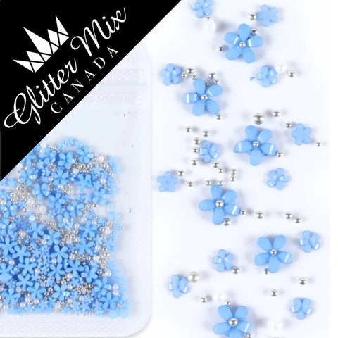 Glitter Mix 3D Flowers Blue Silver - DK BEAUTY