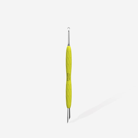Manicure pusher Gummy with yellow silicone handle UNIQ 11 TYPE 2 (beveled and loop pusher)