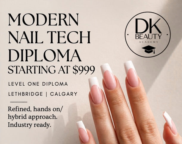 Advertisement for DK Beauty Academy's Modern Nail Tech Diploma program with a hand displaying nails.