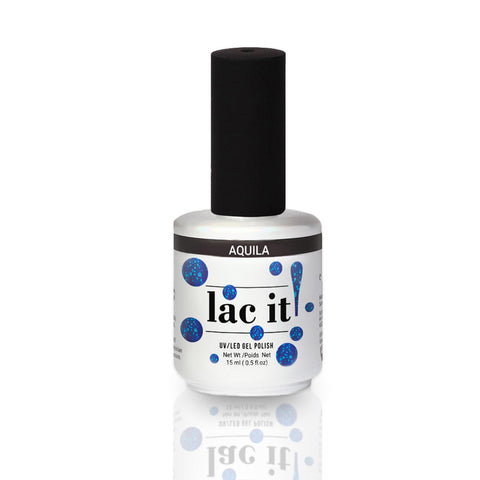 en Vogue Lac It! Aquila fine and medium blue glitters in a cobalt jelly base UV/LED gel nail polish bottle