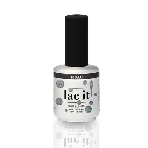 en Vogue Lac It! Draco mix of silver and holographic microglitters in clear base UV/LED gel nail polish for professional nails and extensions bottle