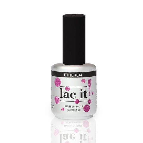 en Vogue Lac It! Ethereal baby pink jelly with gold and pink micro-glitters UV/LED gel nail polish for professional nails and extensions bottle