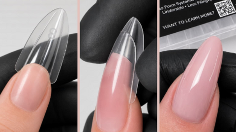 Nail art process using EZ Gel System by Fuzion SculptLock Duo Forms on a neutral background.