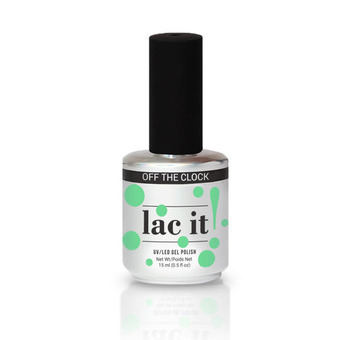 en Vogue Lac it! Off the clock cool-toned pastel lime-green crème UV/LED gel nail polish for professional nails and extensions. Shown in bottle