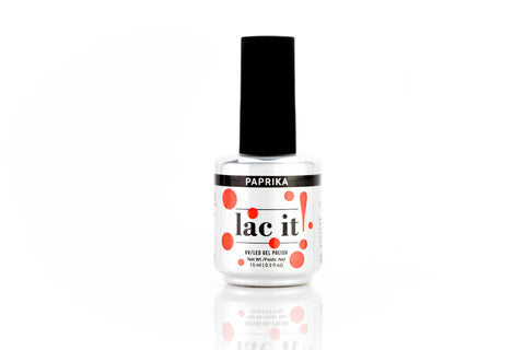 en Vogue Lac It! Paprika orangey coral with fine gold microglitters for the faintest of shimmers UV/LED gel nail polish for professional nails and extensions bottle