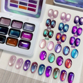 Nine-colour magnetic cat-eye gel palette with pink, purple, blue, teal and amber nail swatches