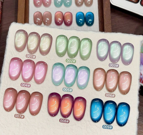 Nine numbered cat-eye gel shade groups with luminous pink, green, lilac, warm and blue effects