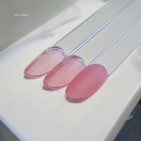en Vogue Lac it! truth translucent bubblegum pink jelly UV/LED gel polish for professional nails and extensions shown on nail swatch sticks