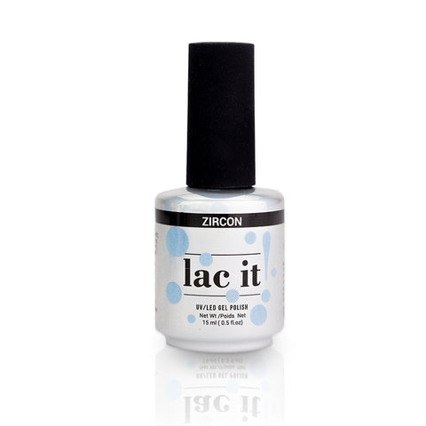 en Vogue Lac It! Zircon Light baby blue with a frosty, gold pearlescent shimmer UV/LED gel nail polish for professional nails and extensions bottle