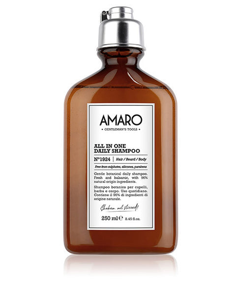 Botanical daily shampoo. Gently cleanses hair, beard and body. Fresh and balsamic action, formulated with 96% natural origin ingredients.