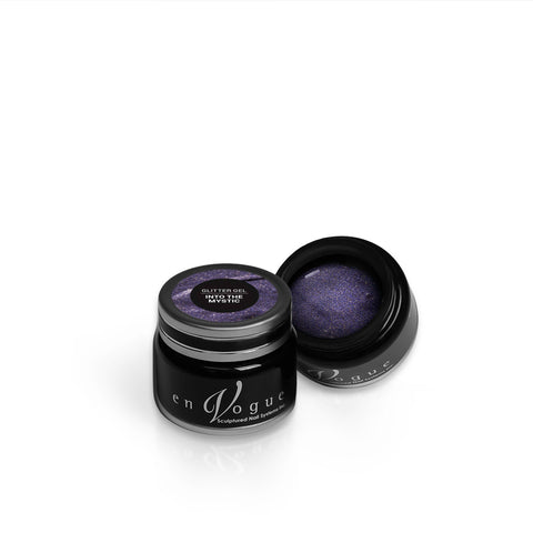 en Vogue into-the-mystic periwinkle glitter gel polish with micro-gold leaf microglitter for professional nails and extensions shown in container