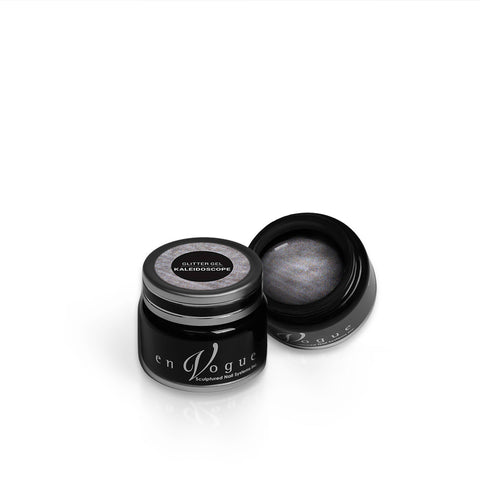 en Vogue kaleidoscope micro-holo and iridescent glitter gel polish for professional nails and extensions shown in container