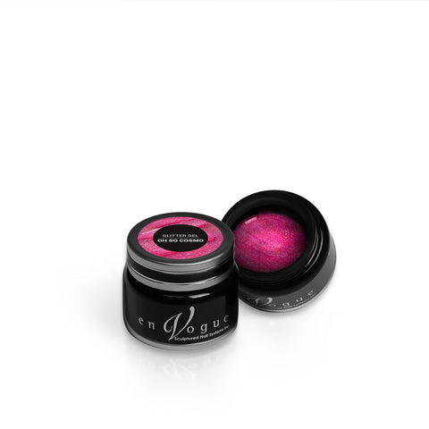 en Vogue oh-so-cosmo bubblegum pink jelly base with iridescent micro-glitter gel polish for professional nails and extensions shown in container