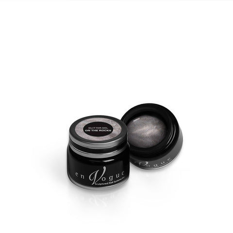en Vogue on-the-rocks silver and pearly white micro-foils glitter gel polish for professional nails and extensions shown in container