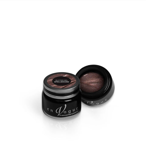 en Vogue spellbound pink champagne glitter gel polish for professional nails and extensions shown in container