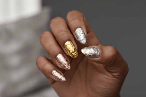 Rose gold, 24K gold and white gold foil leaf glitter gel nails - Akzentz Gel Play Glitz Original Trio