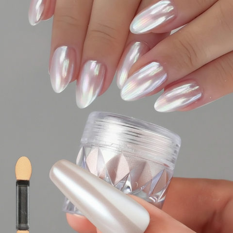 Almond nails with iridescent chrome finish, jar and sponge applicator