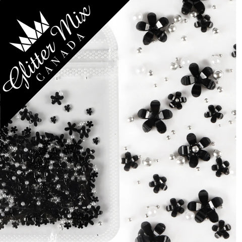 Glitter Mix 3D Flowers Black Silver